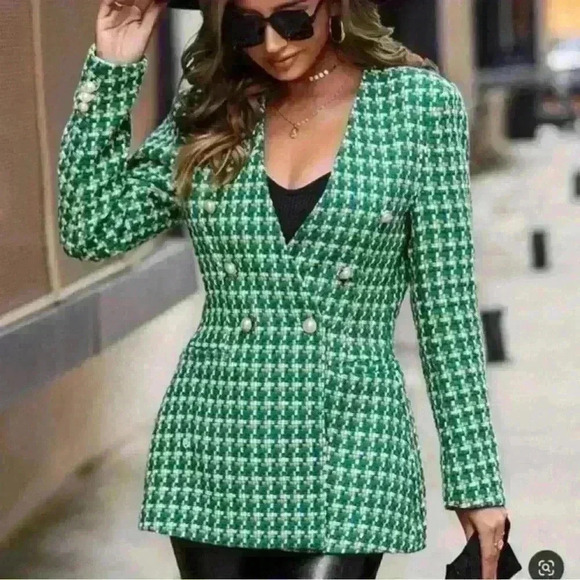 Blogger Favorite Green Zara Woven Textured Double Breasted Tweed Blazer Size S - Picture 2 of 13
